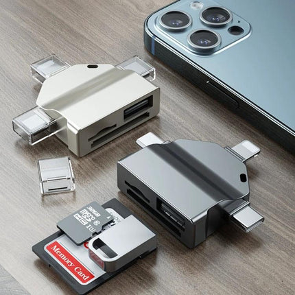 Compact Card Reader for Daily Phone and Laptop Use showing dual-slot metal reader with SD and microSD cards next to smartphone for travel and work
