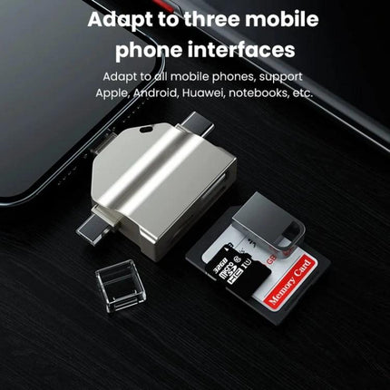 Compact Card Reader for Daily Phone and Laptop Use - compact metallic multi-interface reader with SD and microSD cards next to phone and USB drive