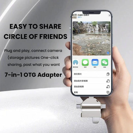 Compact Card Reader for Daily Phone and Laptop Use showing phone connected to 7-in-1 OTG adapter for photo sharing