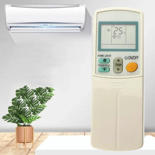 Daikin Replacement Remote Control for Air Conditioners shown next to wall-mounted AC unit in living room scene