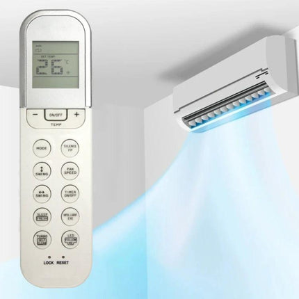 Replacement Remote Control for Midea Air Conditioners - white remote beside wall-mounted AC unit showing 26°C display and airflow