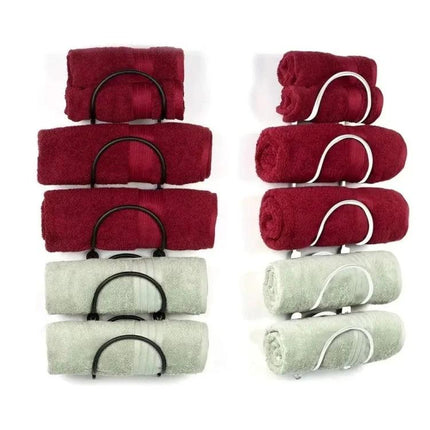 Wall Mounted Shelf for Organizing Bathroom Essentials Daily - wrought iron towel rack holding rolled towels in burgundy and light green