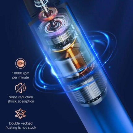 Nose Hair Trimmer With Rechargeable Battery For Daily Grooming showing internal motor, 10000 rpm, noise reduction and stainless steel double-edged cutter