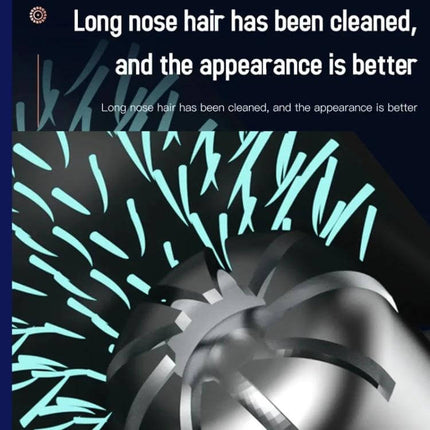 Nose Hair Trimmer With Rechargeable Battery For Daily Grooming showing stainless steel double-edged cutter head removing long nose hairs