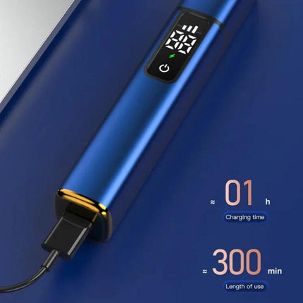 Nose Hair Trimmer With Rechargeable Battery For Daily Grooming — compact blue pen-sized trimmer showing USB charging and digital display