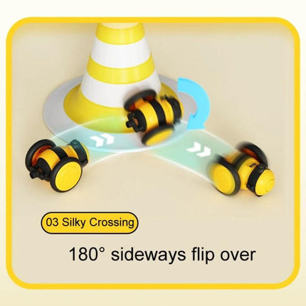 Toy for Engaging Cats with Bee Design in Home Playtime - yellow bee-shaped rolling interactive cat toy demonstrating 180° sideways flip