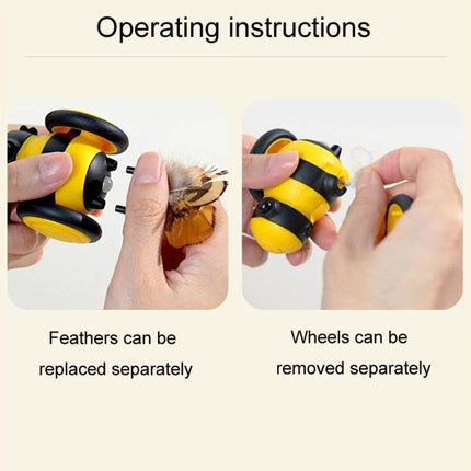 Toy for Engaging Cats with Bee Design in Home Playtime showing bee-shaped toy with replaceable feathers and removable wheels for interactive cat play