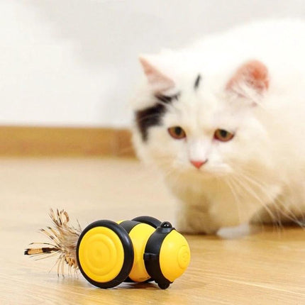 Toy for Engaging Cats with Bee Design in Home Playtime - indoor bee-shaped interactive cat toy on hardwood floor with curious white cat