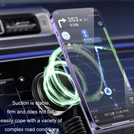 MagSafe Car Phone Holder With Strong Suction Cup For Everyday Driving mounted on car dash holding iPhone for navigation, stable vacuum suction and secure MagSafe attachment