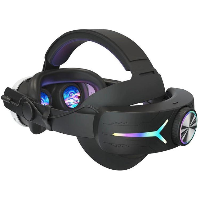 Adjustable Foldable Headset with RGB Lighting for Meta Quest 3 showing padded adjustable straps, RGB accents and foldable design for comfortable VR storage