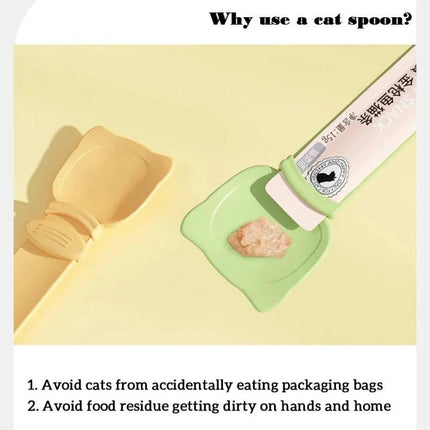 Handy Spoon for Everyday Cat Feeding at Home - green cat-shaped scoop dispensing wet food from a tube, spill-free portioning for busy pet owners