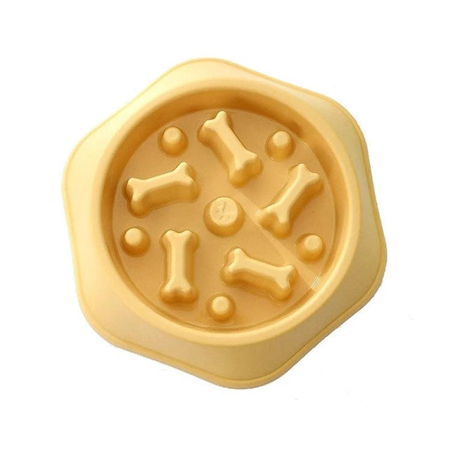 Essential Bone-Shaped Bowl for Daily Dog Meals at Home - yellow PP slow feeder bowl with bone-shaped ridges to reduce gulping