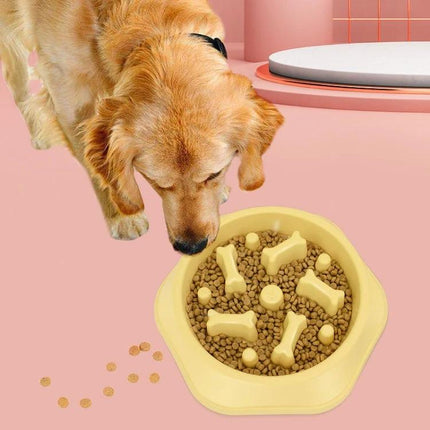 Essential Bone-Shaped Bowl for Daily Dog Meals at Home - yellow PP slow-feeding bone-shaped bowl with dog sniffing kibble
