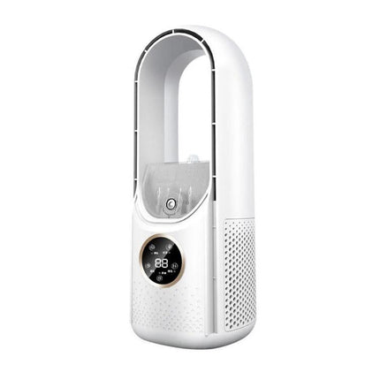 Bladeless Desk Fan with Humidification and LED Lighting - compact white bedside unit with digital display and humidifier