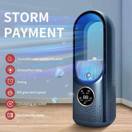 Bladeless Desk Fan with Humidification and LED Lighting on desk showing humidification, LED atmosphere lamp and digital display