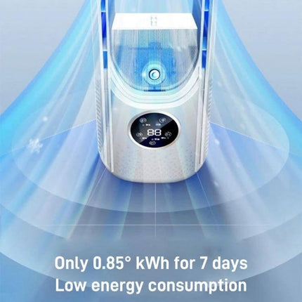 Bladeless Desk Fan with Humidification and LED Lighting showing compact white unit, digital display and low energy consumption