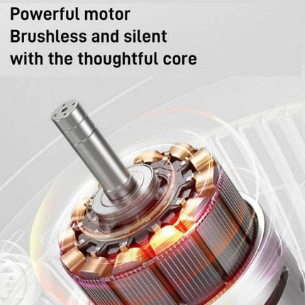 Bladeless Desk Fan with Humidification and LED Lighting showing a powerful brushless motor core close-up
