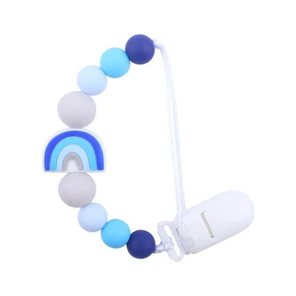Rainbow Beaded Pacifier Clip for Baby Silicone Dummy Holder - blue silicone beads and rainbow pendant with white plastic clip