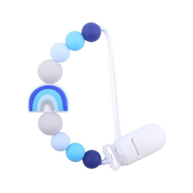 Rainbow Beaded Pacifier Clip for Baby Silicone Dummy Holder - blue silicone beads and rainbow pendant with white plastic clip