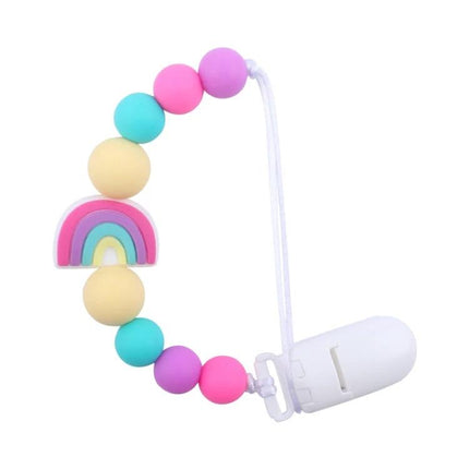 Rainbow Beaded Pacifier Clip for Baby Silicone Dummy Holder, colorful silicone beads and rainbow charm with white clip (23 cm, 18 g)