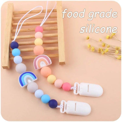 Rainbow Beaded Pacifier Clip for Baby Silicone Dummy Holder with rainbow beads and white clip, 23cm food-grade silicone chain
