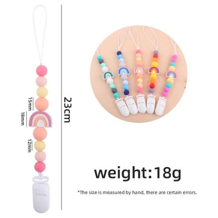 Rainbow Beaded Pacifier Clip for Baby Silicone Dummy Holder — 23cm silicone bead pacifier clip with rainbow charm, 18g
