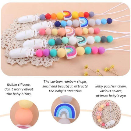 Rainbow Beaded Pacifier Clip for Baby Silicone Dummy Holder - colorful silicone beads, rainbow charm, 23cm clip to keep pacifier off floor