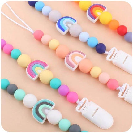 Rainbow Beaded Pacifier Clip for Baby Silicone Dummy Holder with colorful silicone beads and rainbow charms, 23 cm lightweight pacifier chain