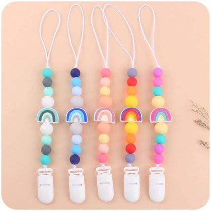 Rainbow Beaded Pacifier Clip for Baby Silicone Dummy Holder with multicolor silicone beads and rainbow charm, 23cm lightweight pacifier chain
