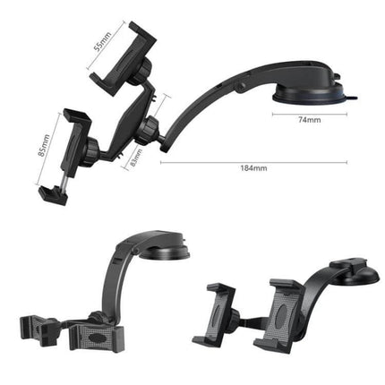 Car Dashboard Phone Holder With Suction Cup Double Chuck showing adjustable arm, washable suction cup, and double phone clamps