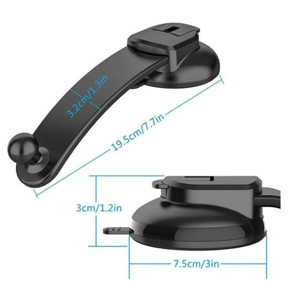 Car Dashboard Phone Holder With Suction Cup Double Chuck on dashboard showing suction cup base and adjustable arm for 3.5–6.8in phones