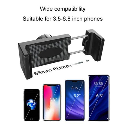 Car Dashboard Phone Holder With Suction Cup Double Chuck - adjustable 55–80mm grip for 3.5–6.8 inch phones, ABS body with aluminum-coated rubber