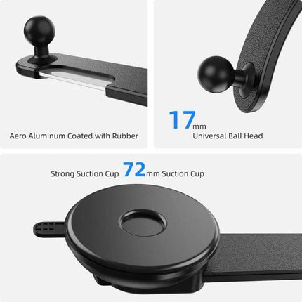 Car Dashboard Phone Holder With Suction Cup Double Chuck showing 72mm washable suction cup, 17mm universal ball head, and aluminum-coated rubber arm