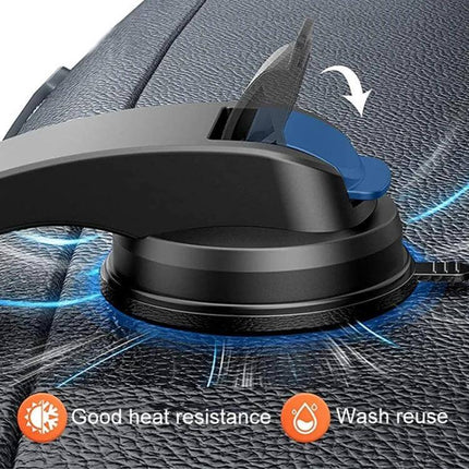 Car Dashboard Phone Holder With Suction Cup Double Chuck on textured dashboard showing washable suction cup and lever for secure mount
