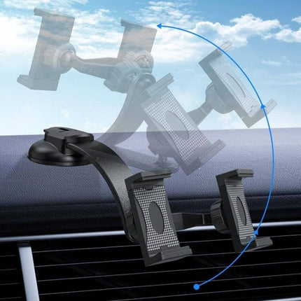 Car Dashboard Phone Holder With Suction Cup Double Chuck mounted on dashboard showing adjustable swivel arm and secure phone grip