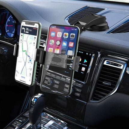 Car Dashboard Phone Holder With Suction Cup Double Chuck mounted on car dash holding two smartphones for navigation and hands-free use