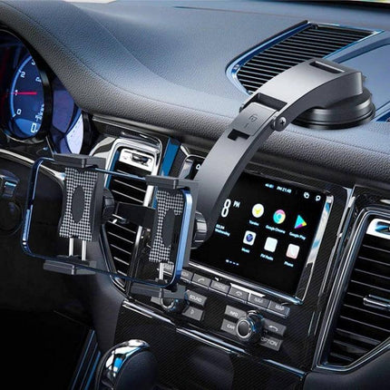 Car Dashboard Phone Holder With Suction Cup Double Chuck mounted on dashboard holding a smartphone for navigation and hands‑free use