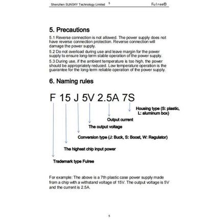 Fulree Ultra-Thin Vehicle DC Power Converter, 12V To Multiple Voltages diagram showing naming rules, output voltages, currents and precautions