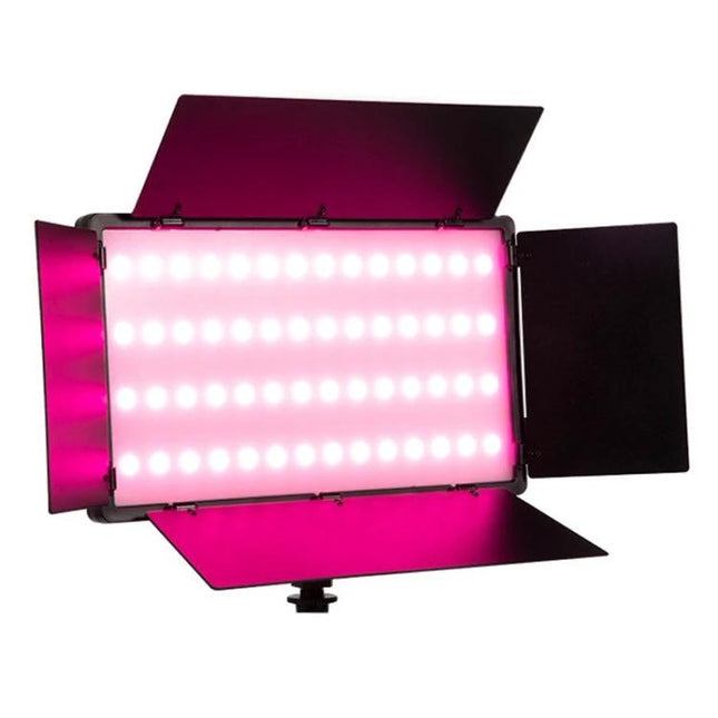 Adjustable RGB Fill Light for Photography and Live Streaming showing pink LED panel with barn doors and stepless dimming controls
