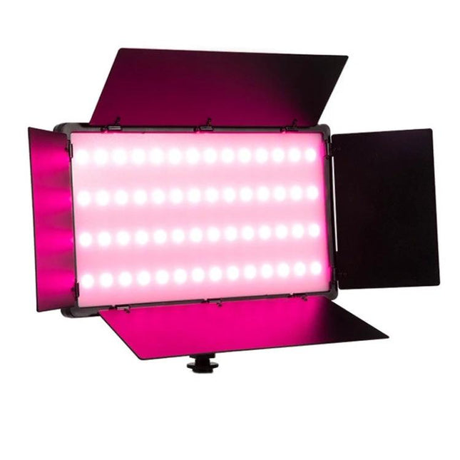 Adjustable RGB Fill Light for Photography and Live Streaming showing pink LED panel with barn doors and stepless dimming for studio and live streaming setups
