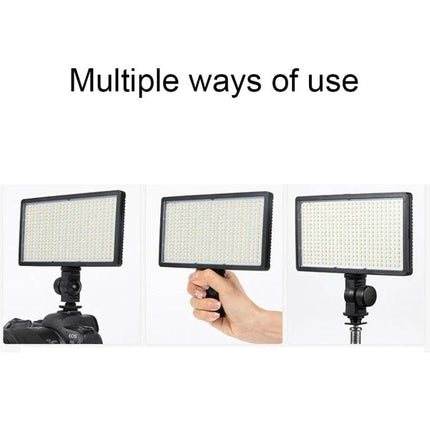 Adjustable RGB Fill Light for Photography and Live Streaming shown mounted on camera, handheld, and on a tripod for versatile indoor use
