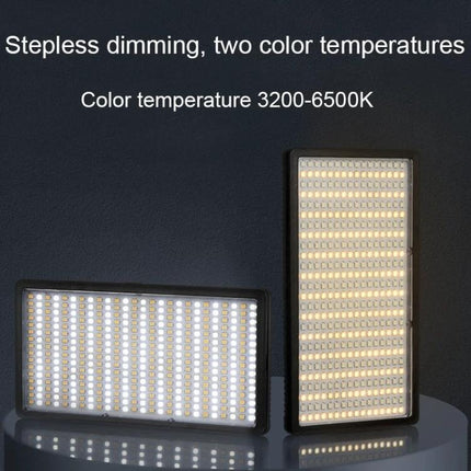 Adjustable RGB Fill Light for Photography and Live Streaming showing two panels with stepless dimming and color temperature 3200-6500K