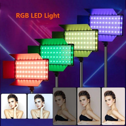 Adjustable RGB Fill Light for Photography and Live Streaming showing four colored LED panels with stepless dimming and adjustable color temperatures