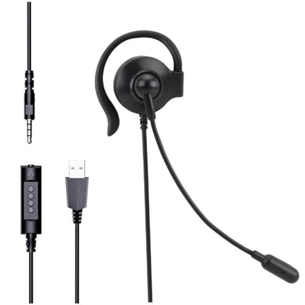 SOYTO Single-Side Ear Hook Wired Headset for Computer Calls with inline controls, ear hook design and detachable 3.5mm/USB connectors