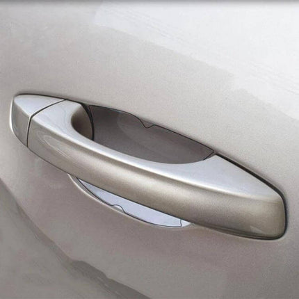 Invisible Scratch-Resistant Film for Car Door Handles, 4-Piece Set applied on silver car door handle to prevent scratches and wear