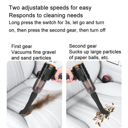 Car Vacuum Cleaner Wireless Handheld for Car Interiors compact cordless vacuum showing two adjustable speeds cleaning car seat gravel and paper debris