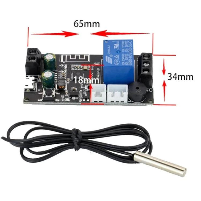 WiFi Wireless Thermostat Control Switch for Remote Home Temperature Management compact relay board with temperature probe and dimensions shown