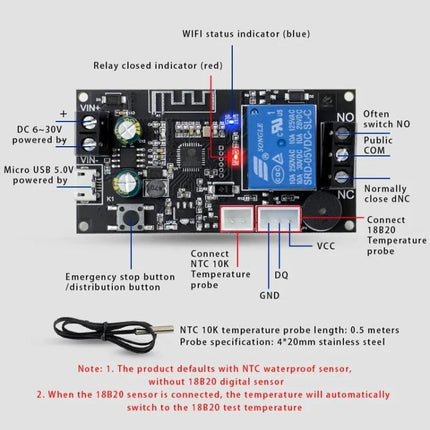 WiFi Wireless Thermostat Control Switch for Remote Home Temperature Management - black circuit board with relay, WiFi indicator, and NTC temperature probe connections