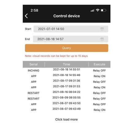 WiFi Wireless Thermostat Control Switch for Remote Home Temperature Management app control log screen showing schedule and relay ON/OFF records