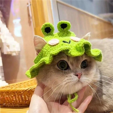 Comfortable Knitted Hats for Cats and Dogs in Daily Playtime – gray cat wearing lightweight green crochet frog hat for playtime comfort